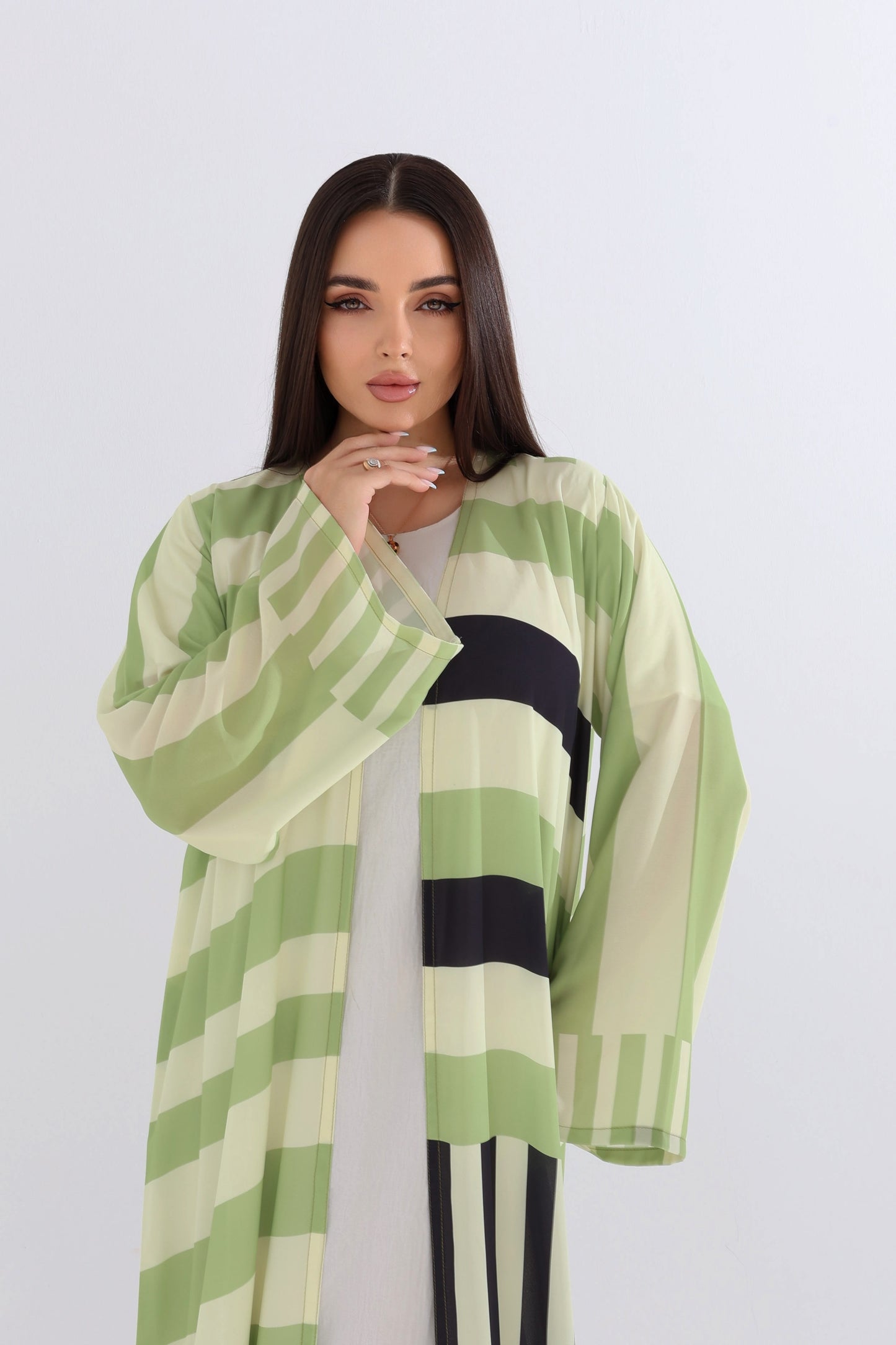 Mint Green Striped Abaya with Scarf