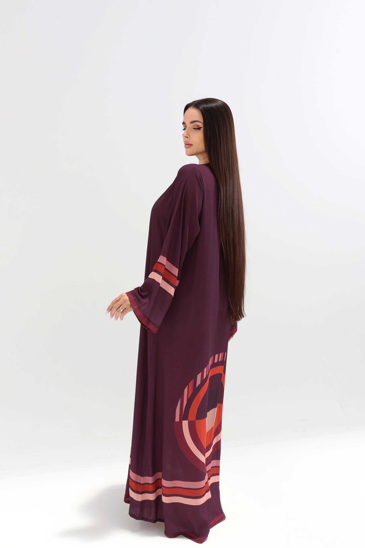 Royal Plum Geometric Trim Abaya with Scarf